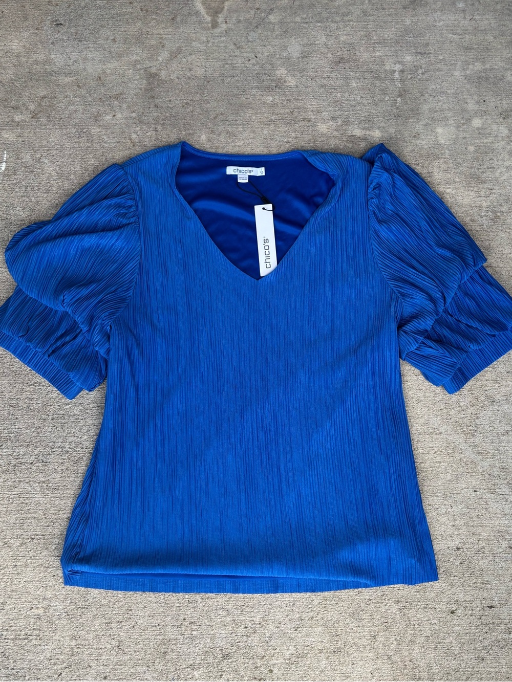 Chico's Cobalt Blue Textured V-Neck Puff-Sleeve Blouse